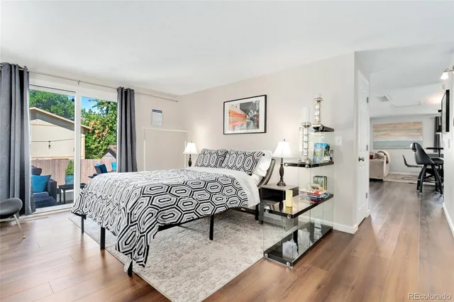 a bedroom with a bed and wooden floor