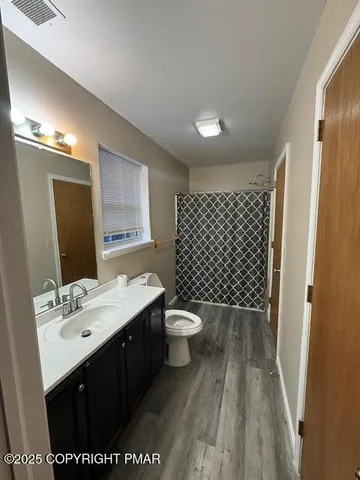 a bathroom with a double vanity sink toilet and mirror