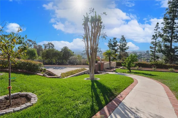 a view of a garden with mountains