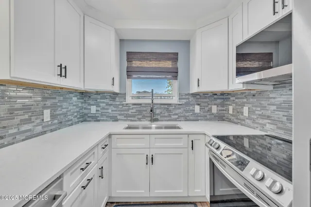 a kitchen with white cabinets appliances and a sink