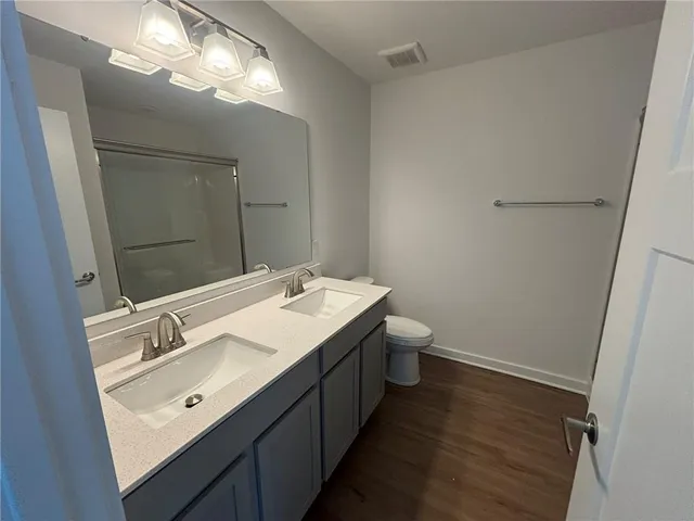 a bathroom with a sink mirror and vanity