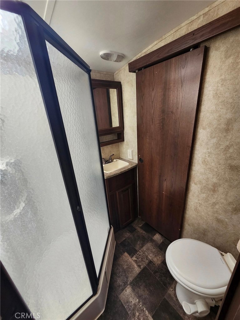 38855 Howard Road Anza, CA 92539 - Photo 53 of 54 a bathroom with a sink a toilet a mirror and shower curtain