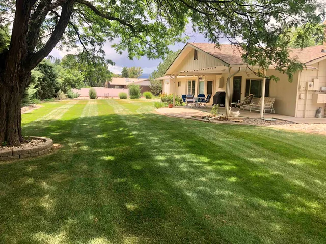 a front view of a house with yard patio and green space