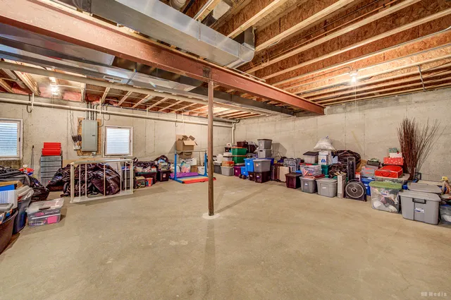 a view of a garage with storage