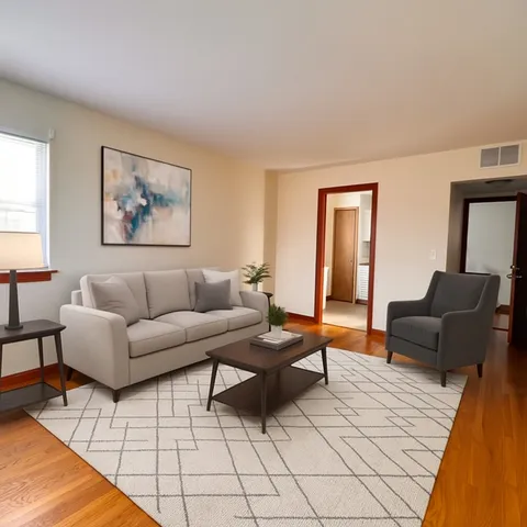 a living room with furniture and a rug