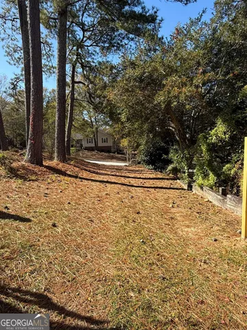 a view of a yard with large trees