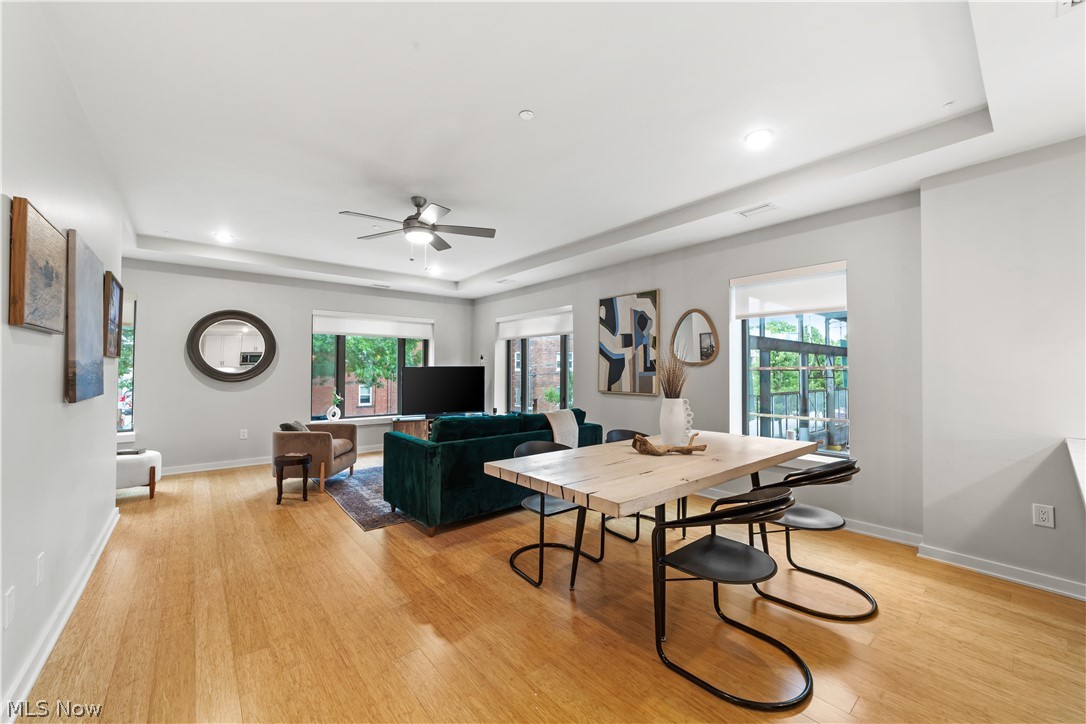 2044 Random Road, Unit 101 Cleveland, OH 44106 - Photo 11 of 44 Dining area featuring plenty of natural light, ceiling fan, a raised ceiling, and light hardwood / wood-style floors