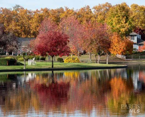 a view of lake with green space