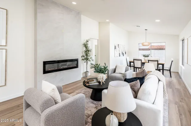 a living room with furniture kitchen view and a potted plant