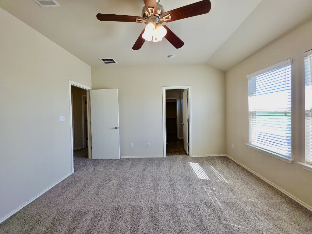 809 Yabers Court Austin, TX 78725 - Photo 14 of 29 Bedroom featuring a walk in closet, a ceiling fan, carpet flooring, and vaulted ceiling