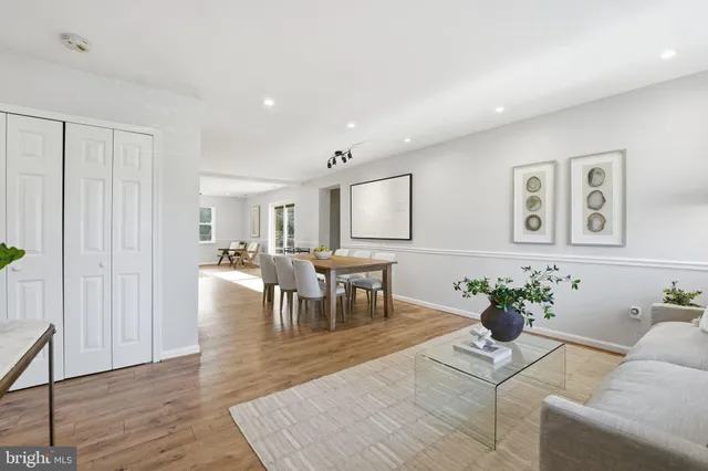 a living room with furniture potted plant and wooden floor