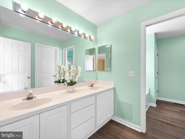 a bathroom with a double vanity sink and a mirror