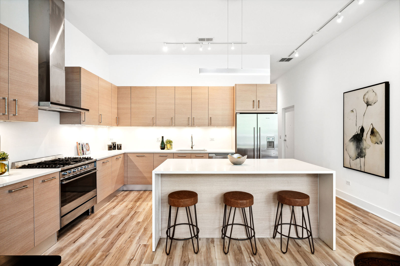 16 North Carpenter Street, Unit 2S Chicago, IL 60607 - Photo 9 of 21 a kitchen with stainless steel appliances granite countertop a stove a sink dishwasher and a refrigerator with wooden floor