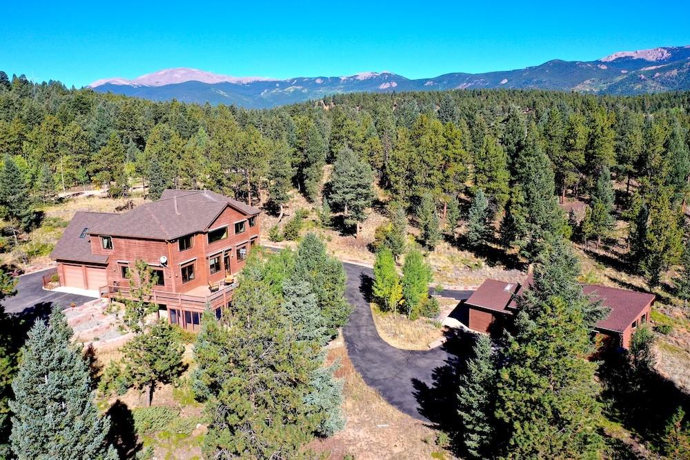 an aerial view of residential houses with outdoor space and trees