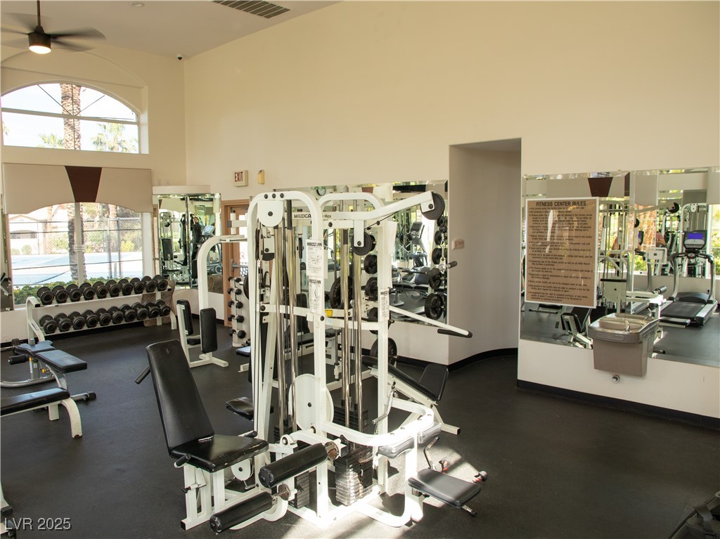 2050 West Warm Springs Road, Unit 411 Henderson, NV 89014 - Photo 25 of 30 Exercise room with visible vents, a ceiling fan, and a towering ceiling