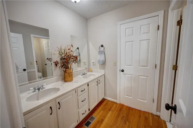 a bathroom with a sink a double vanity and a mirror