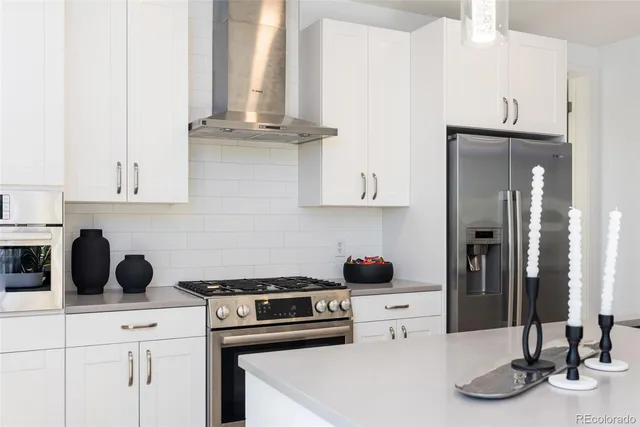 a kitchen with cabinets and appliances