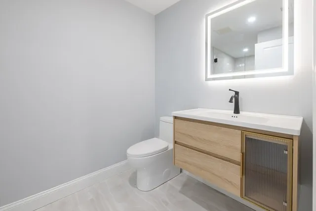 a bathroom with a sink a toilet and mirror