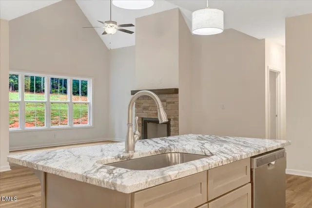 a kitchen with a granite countertop sink and dishwasher