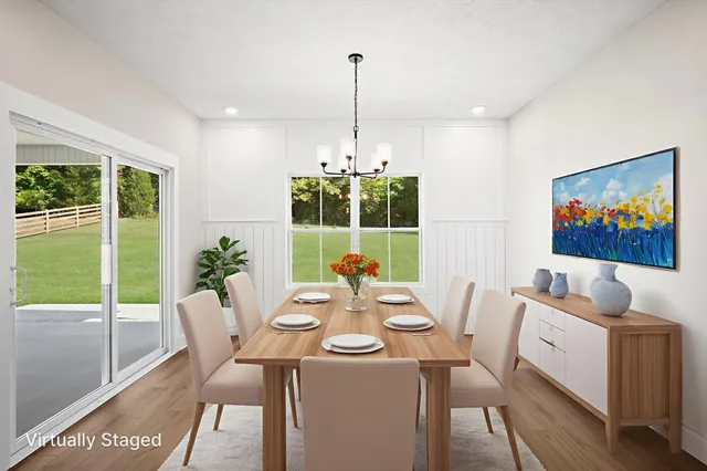 a view of a dining room with furniture window and outside view