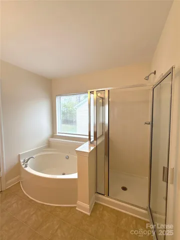 a bathroom with a bathtub and shower