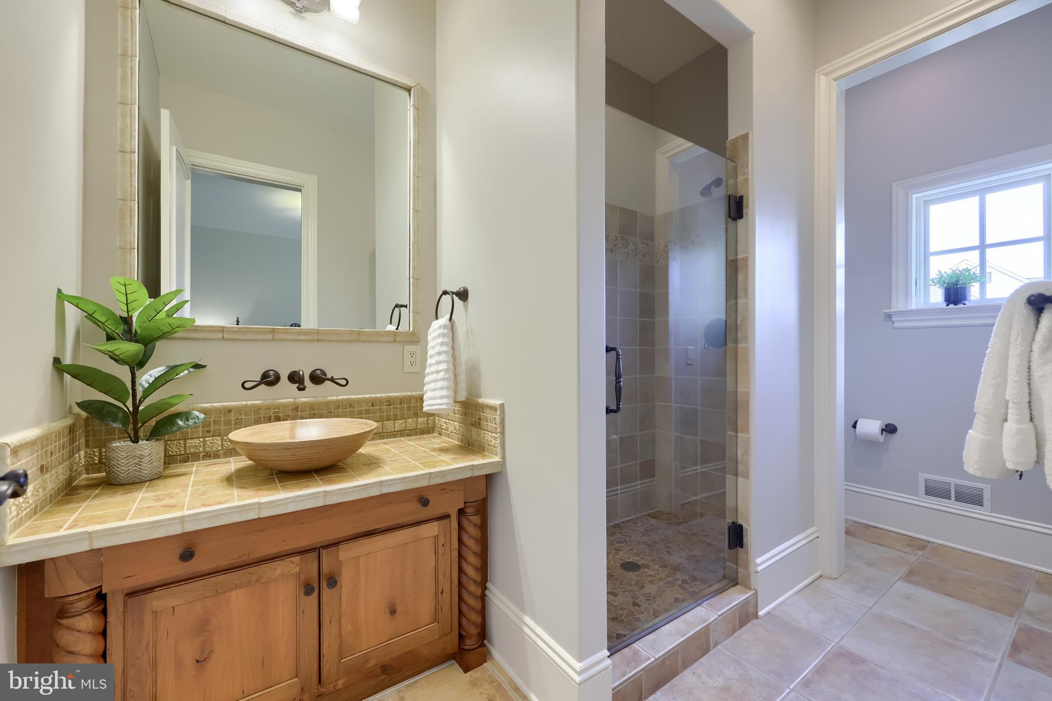 905 Greenside Drive Lititz, PA 17543 - Photo 46 of 127 a bathroom with a granite countertop sink a mirror and a shower