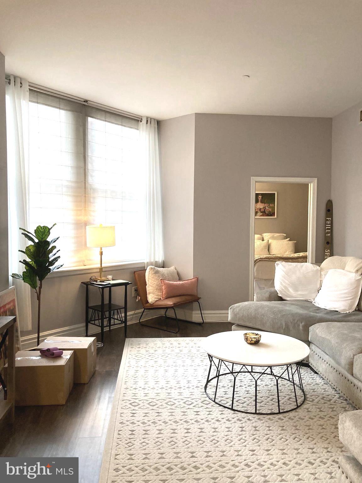 a living room with furniture and a large window