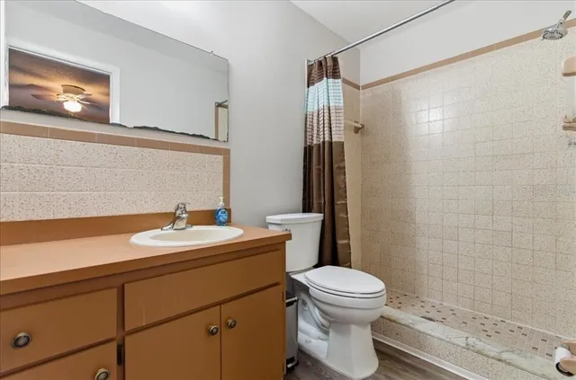 a bathroom with a sink a toilet and shower