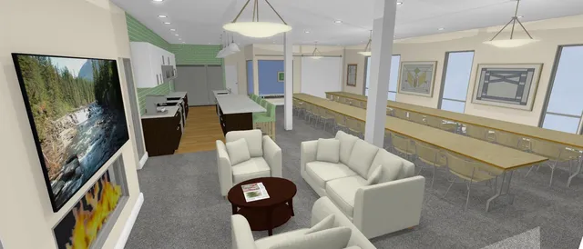 a living room with furniture a flat screen tv and a floor to ceiling window