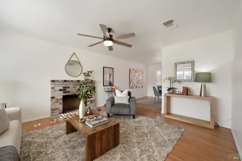 a living room with furniture a rug and a fireplace