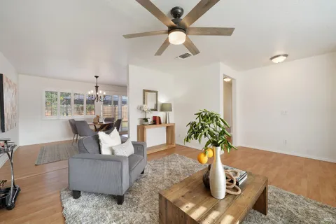a living room with furniture and a potted plant
