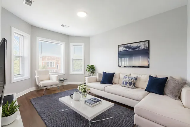 a living room with furniture and a potted plant on a table