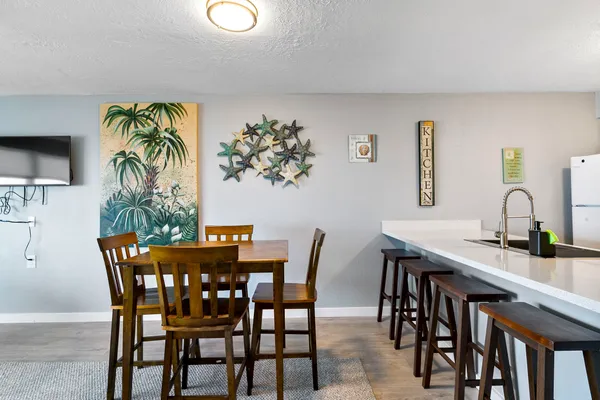 a view of a dining room with furniture