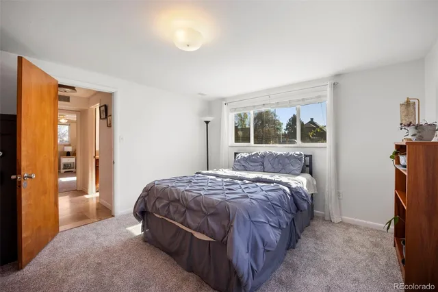 a bedroom with a bed and a closet