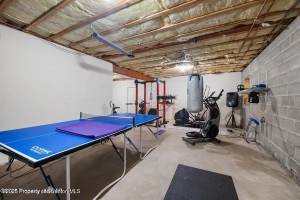 a view of a garage with storage