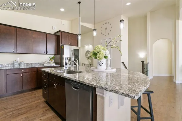 a view of a dining room with furniture