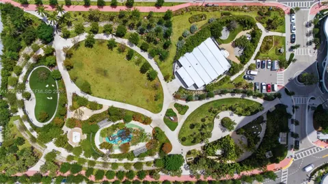 an aerial view of a swimming pool