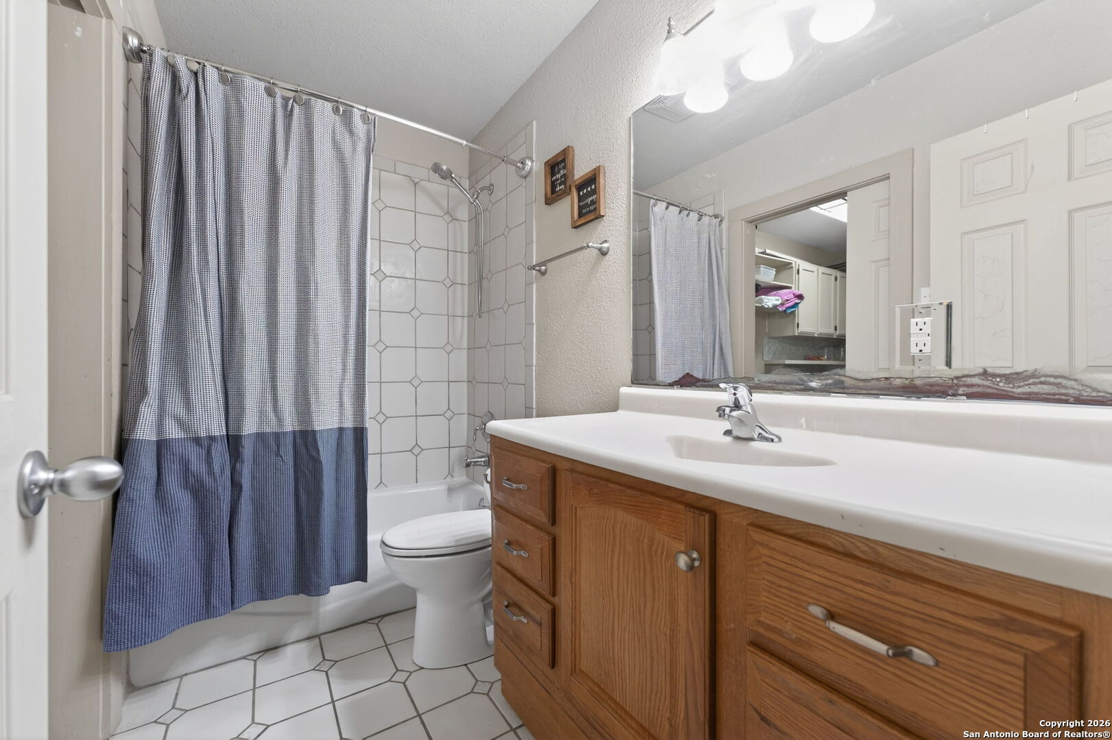 5 Cedar Ridge Road Boerne, TX 78006 - Photo 32 of 47 a bathroom with a sink a toilet a mirror and shower curtain