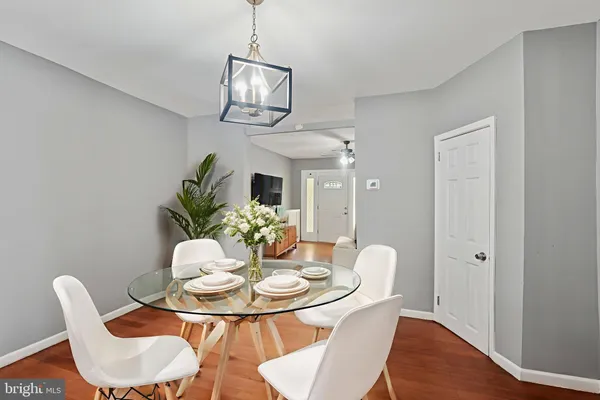 a view of a dining room with furniture