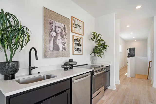 a kitchen with a potted plant on the counter and cabinets