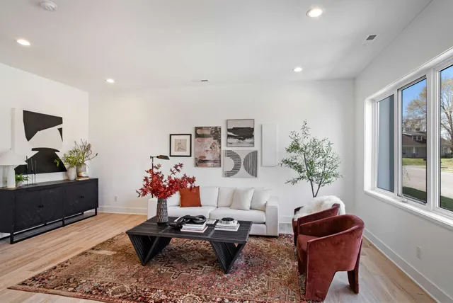 a living room with furniture and a potted plant