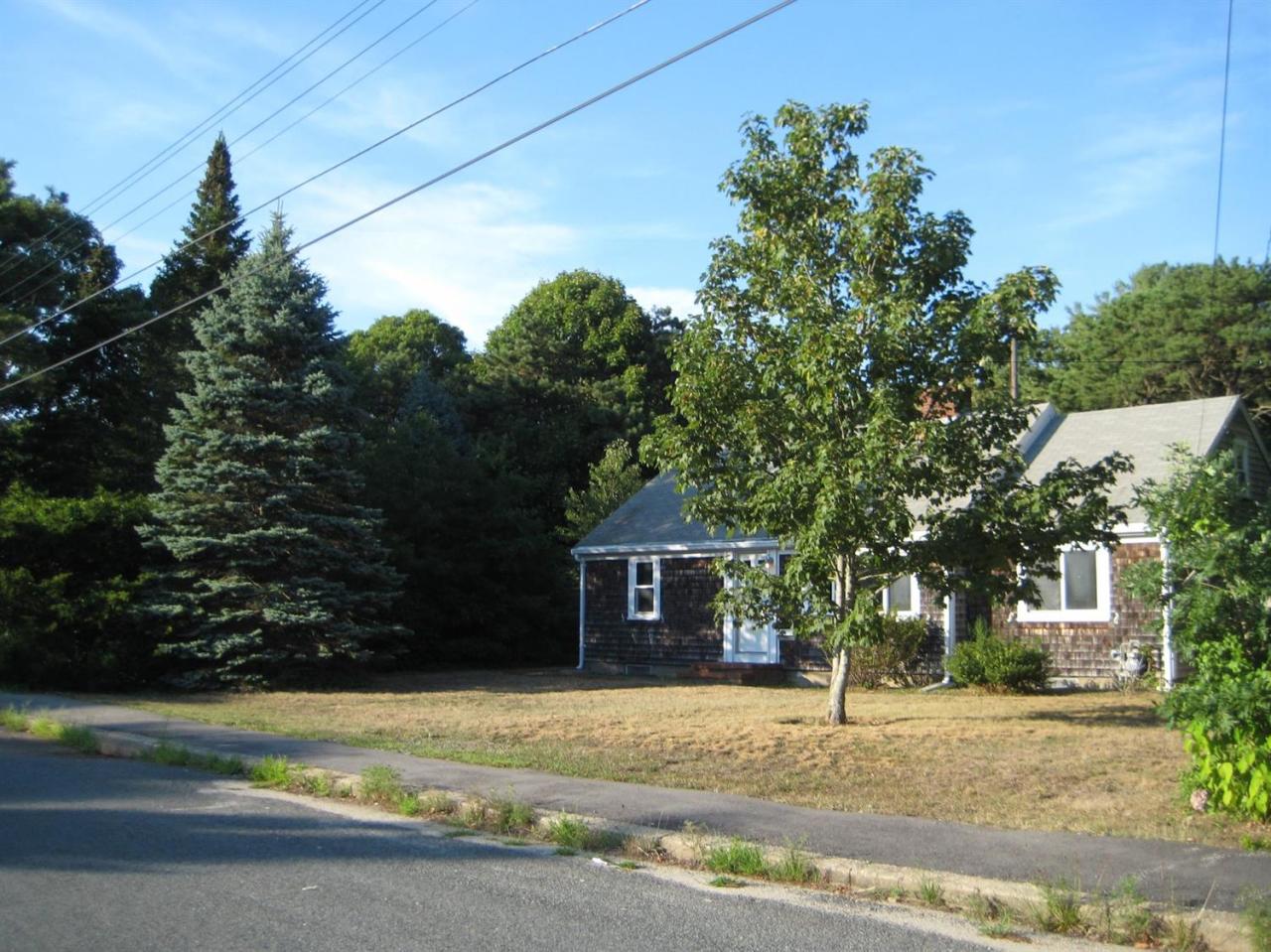 a view of a house with a yard and large tree