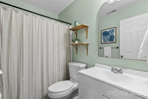 a bathroom with a sink a toilet and shower curtain