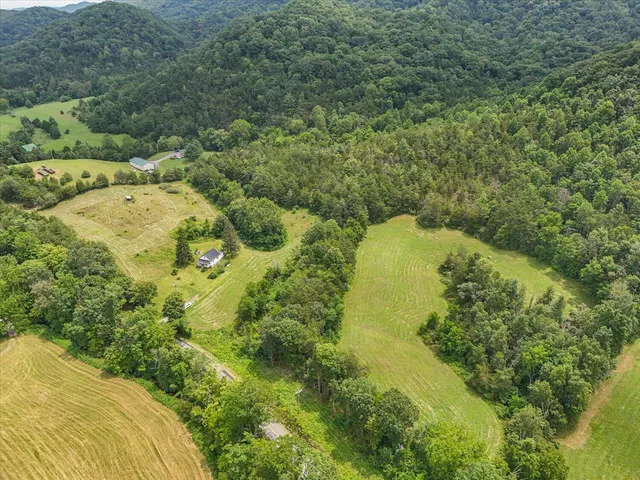 an aerial view of a houses with a yard