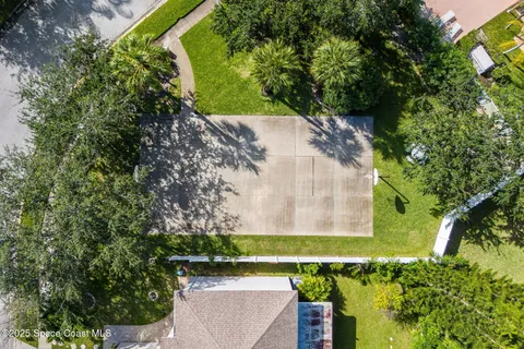 an aerial view of a yard with a large tree
