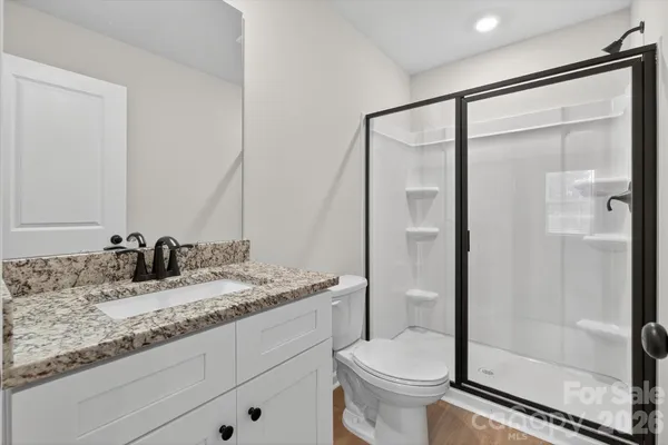 a bathroom with a granite countertop sink toilet and shower