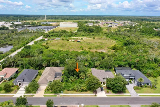 an aerial view of residential houses with outdoor space and trees