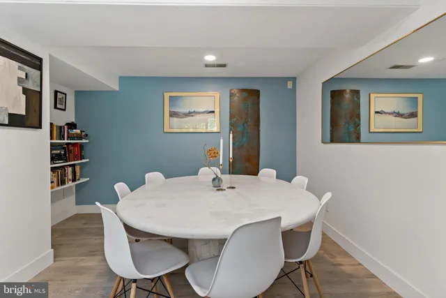 a view of a dining room with furniture