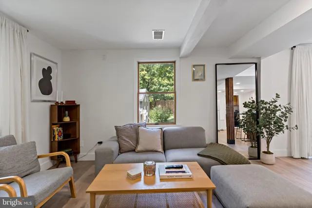 a living room with furniture and a potted plant