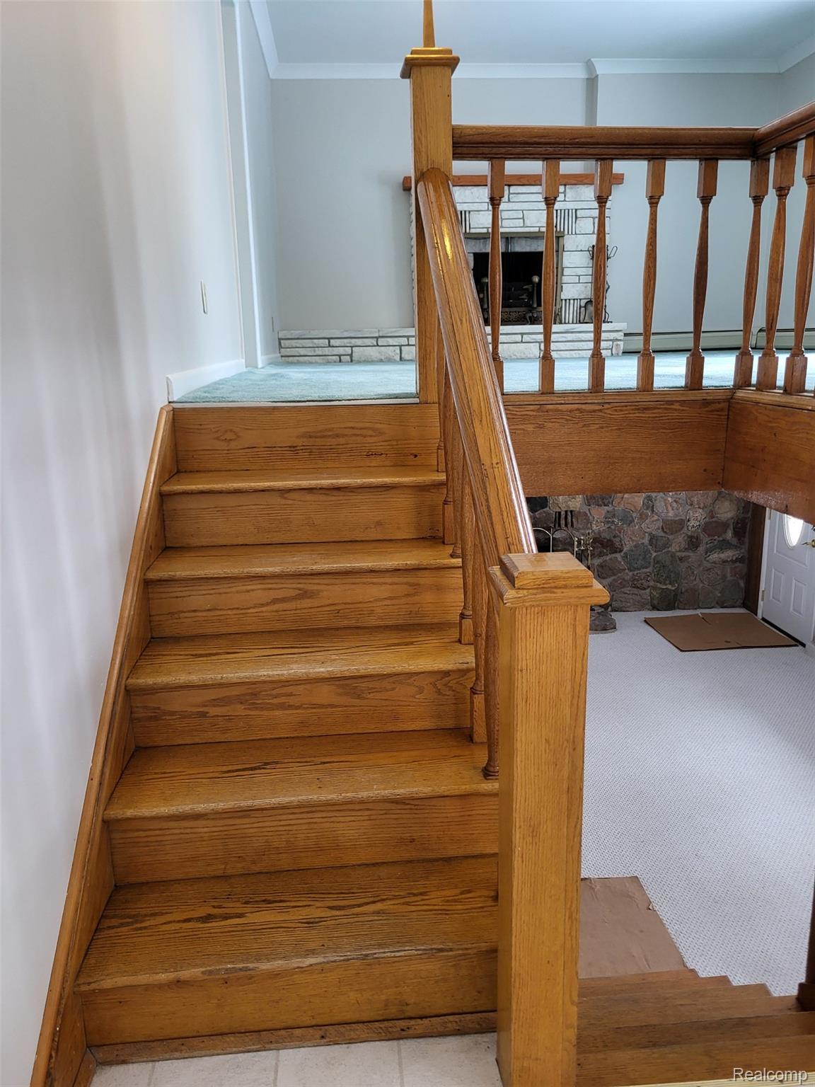 4662 North Lapeer Road Columbiaville, MI 48421 - Photo 6 of 19 Stairway with carpet, ornamental molding, and a baseboard radiator